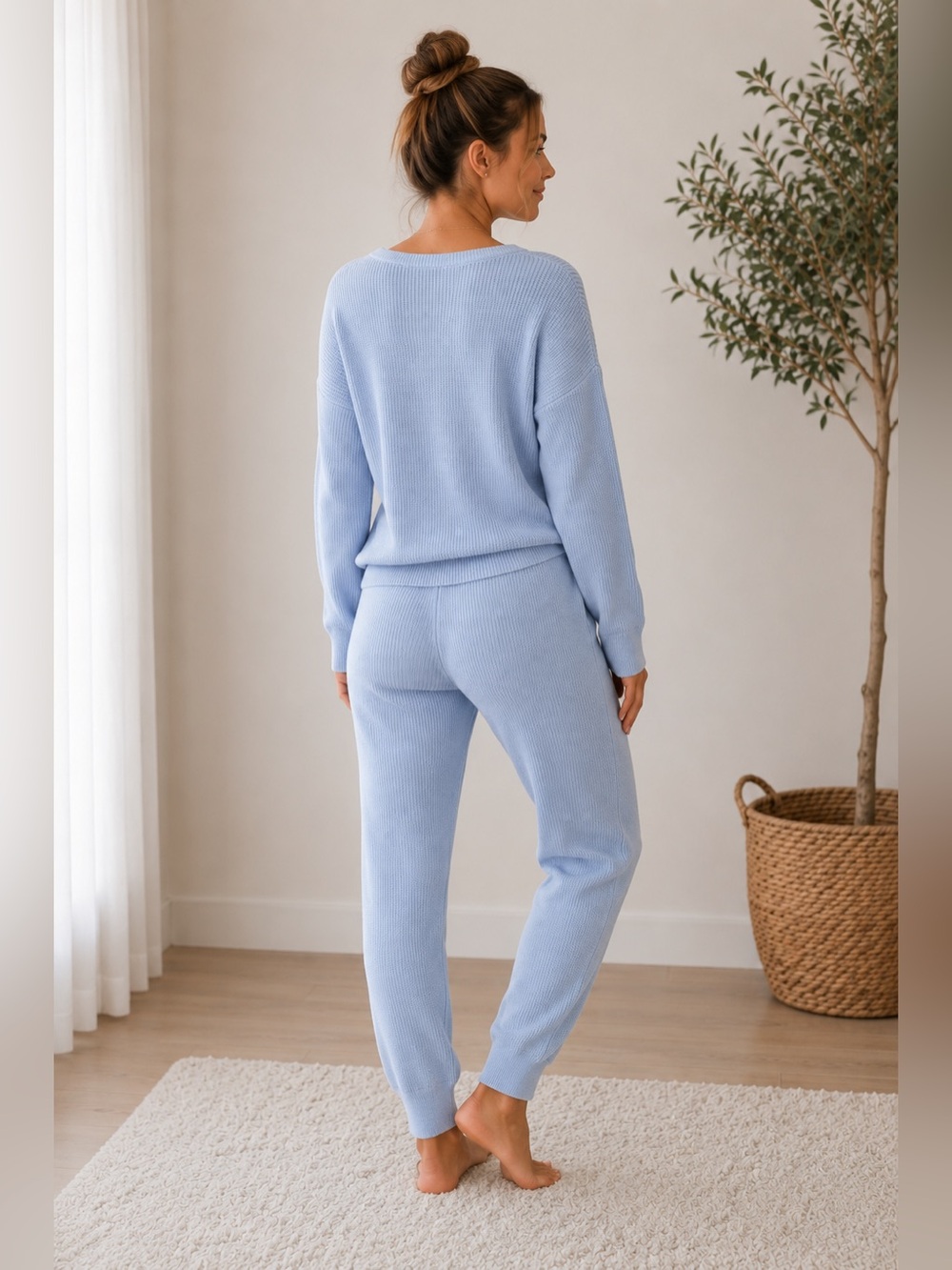 Light Blue Ribbed Knit Lounge Set - Picture 2 of 7